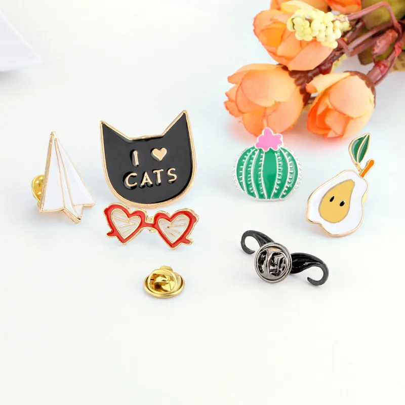 Cartoon Brooch Pins Enamel Alloy Cat Cactus Pear Ice Cream Plane Heart Glasses Mustache Cute Decorative Badge