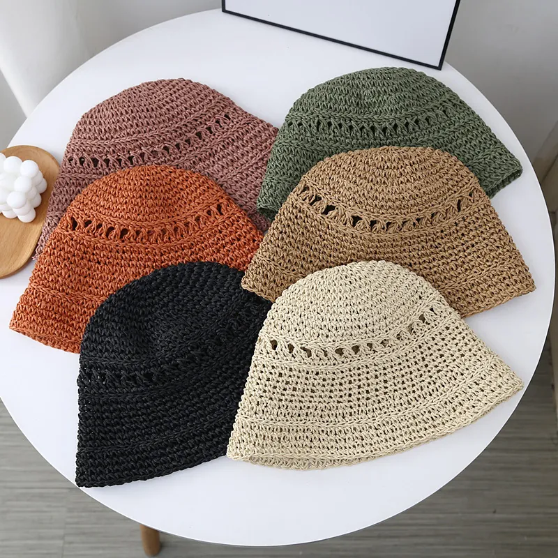 Women Straw Bucket Hat Foldable Hand Woven Sun Protection Summer Beach Breathable Fisherman Hat