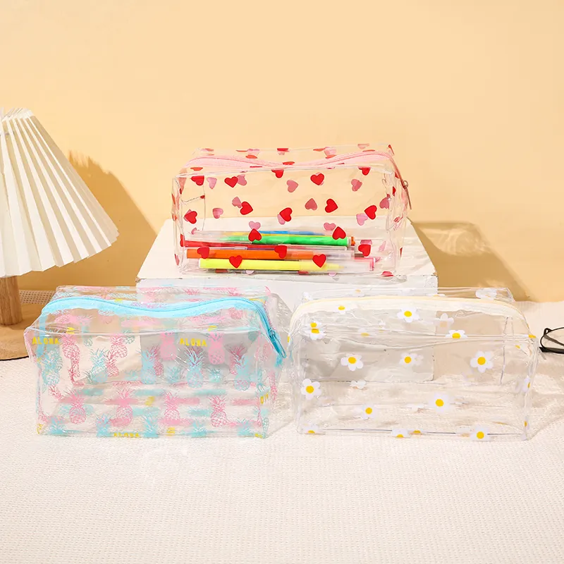 Trousse À Maquillage En PVC Transparent Imperméable Trousse De Toilette Voyage Avec Motifs Fleurs Coeurs