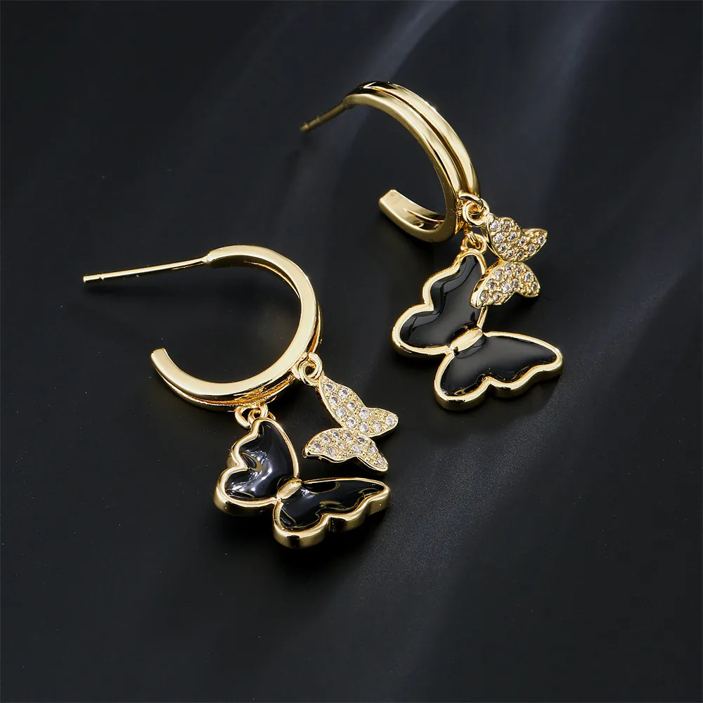 Butterfly Drop Hoop Earrings Copper 18K Gold Plated Enamel Zircon Rhinestone C Shaped Fashion Jewelry For Women