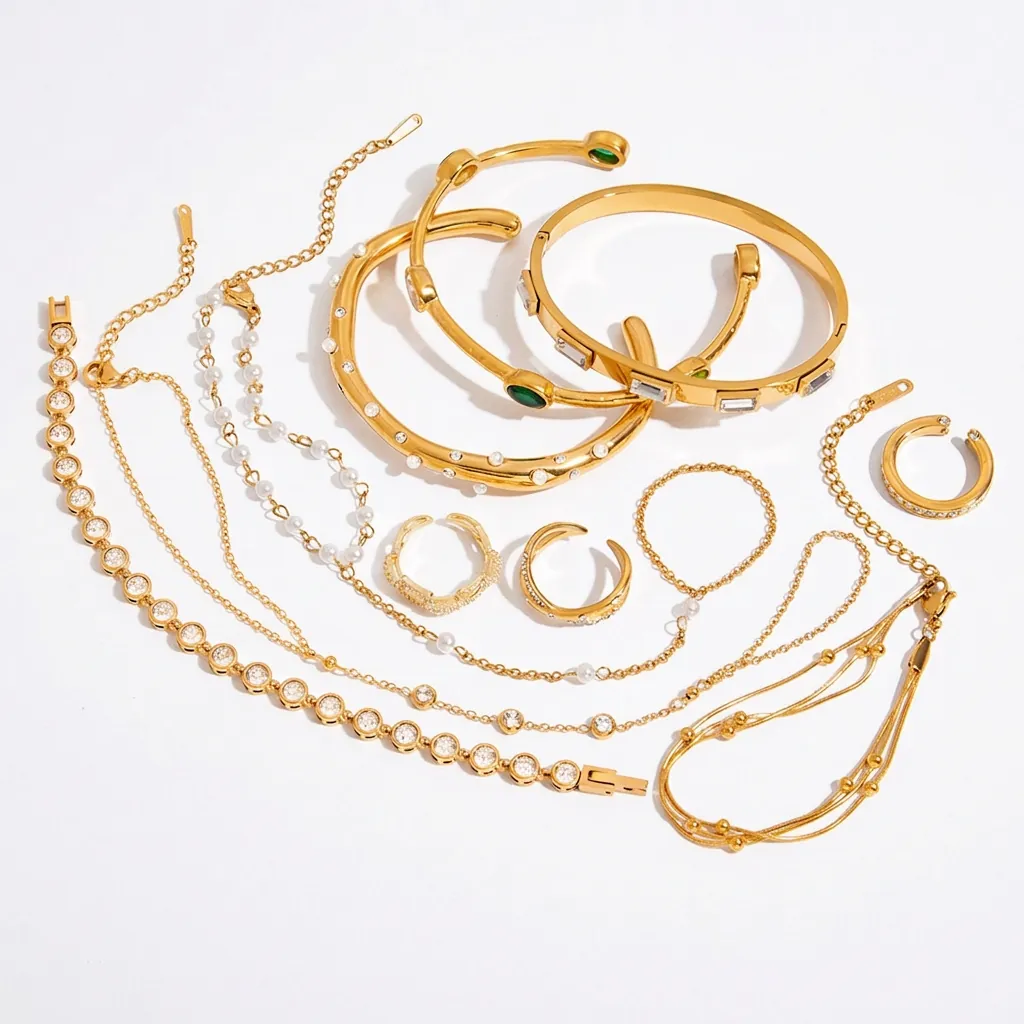 Bracciale Schiava E Anello In Acciaio Inossidabile Placcato Oro Con Pietra Cuore Verde Gioielli Impermeabili Donna