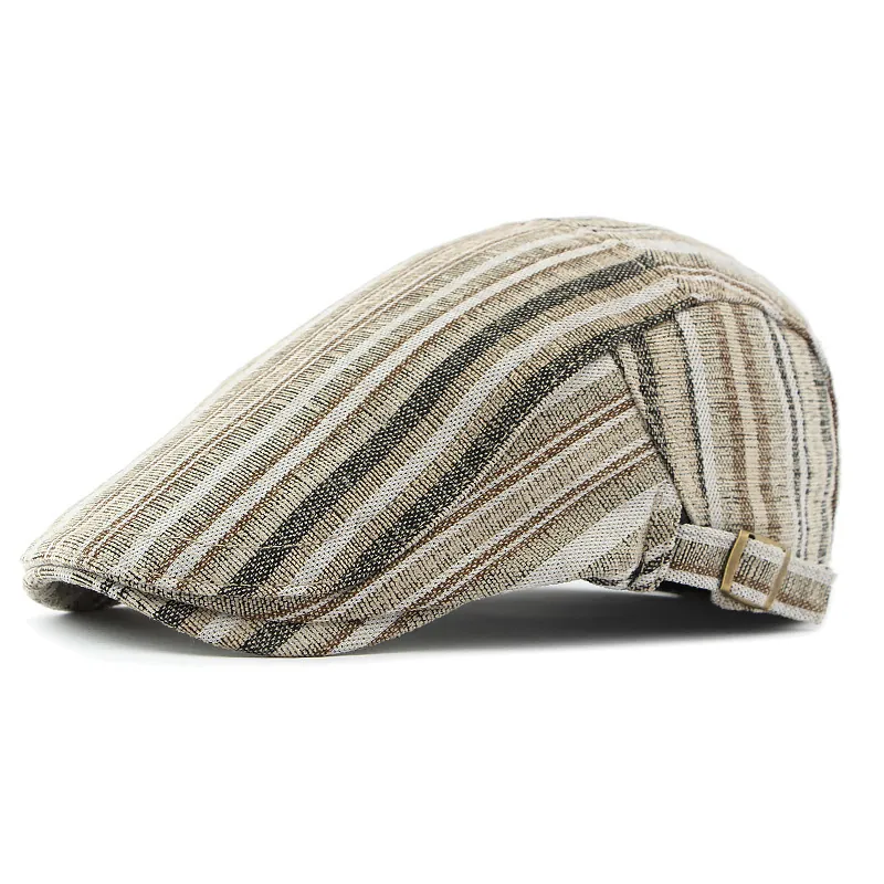 Béret Vintage à Rayures Style Britannique Ajustable en Mélange de Coton pour Hommes Femmes Automne Hiver Chaud Chapeau