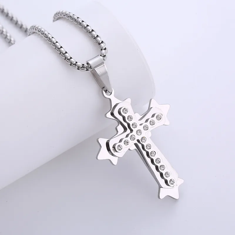 Hip Hop Men Cross Pendant Necklace 316L Stainless Steel With Zircon Inlay Double Layer Religious Jewelry Gift