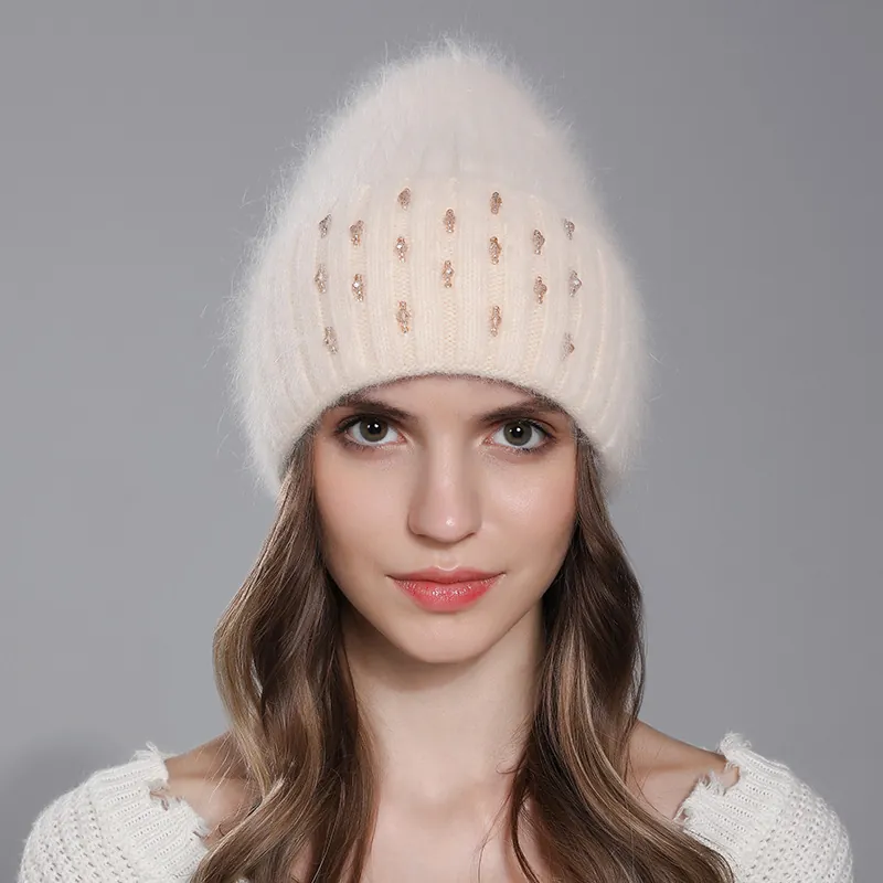 Women Knitted Beanie Hat Soft Rabbit Hair Cashmere Blend Warm Winter Thick Cap Rhinestone Beaded Decor Casual Stylish
