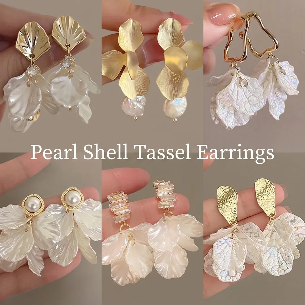 Shell Flower Petal Drop Earrings With Alloy Gold Plated Faux Artificial Pearl And Acrylic Elegant French Style Jewelry For Women