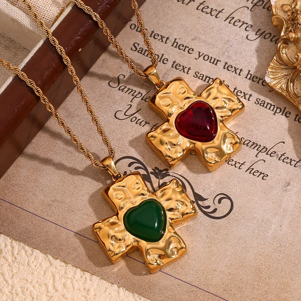 Vintage Stainless Steel Hammered Texture Heart Cross Pendant Necklace French Style 18K Gold Plated Twist Chain For Women
