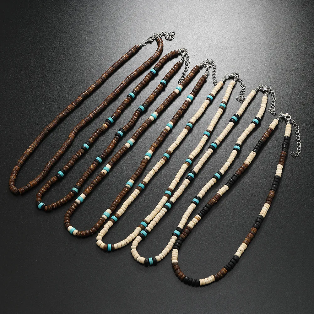 Men Beaded Necklace Vintage Coconut Shell Wood Synthetic Turquoise Bohemian Surf Beach Vacation Retro Jewelry