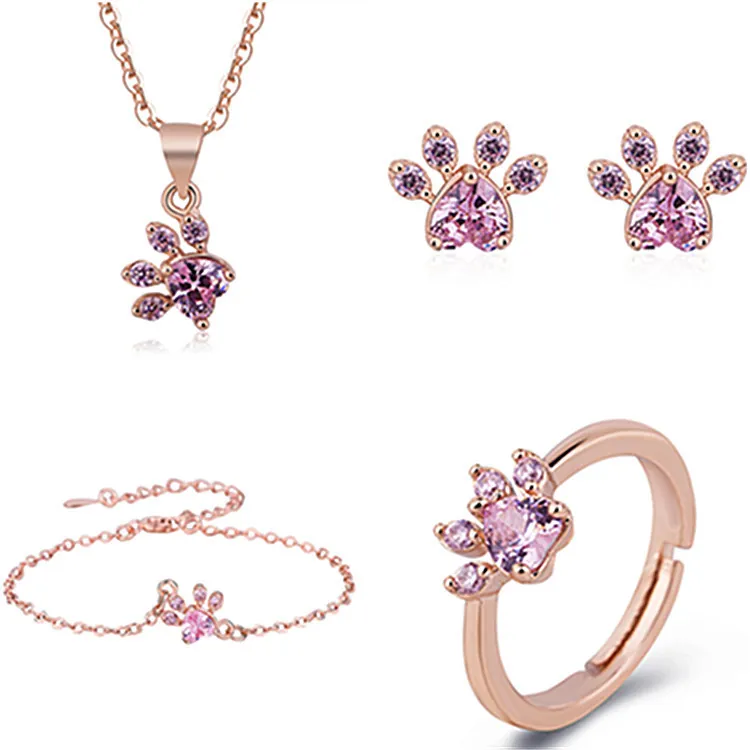 Cat Paw Paw Print Rose Gold Plated Copper Necklace Bracelet Open Ring And Silver Earring Post Studs Pink Heart Zircon