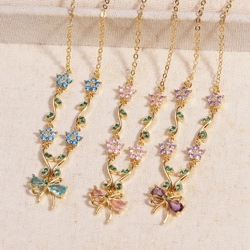 Blumen Schmetterling Schleife Halskette Kupfer Vergoldet Zirkonia Florale Ranke Süßer Gartenstil Schmuck Für Damen