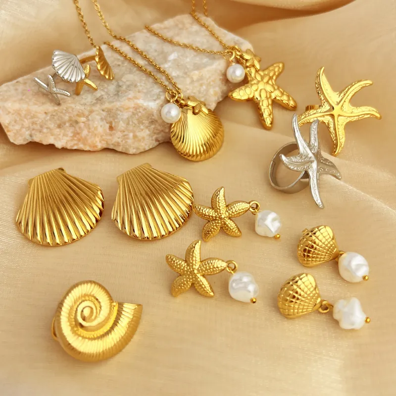 Gioielli Serie Oceano Stella Marina Conchiglia Acciaio Inossidabile Placcato Oro Anelli Orecchini Collane Regolabili Moda Spiaggia Donna