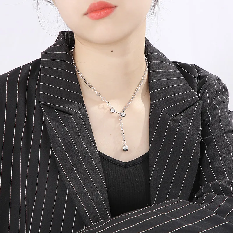 Collier En Y En Acier Inoxydable Minimaliste Pendentif Haltère Perles Rondes Lisses Bijoux De Mode Femmes