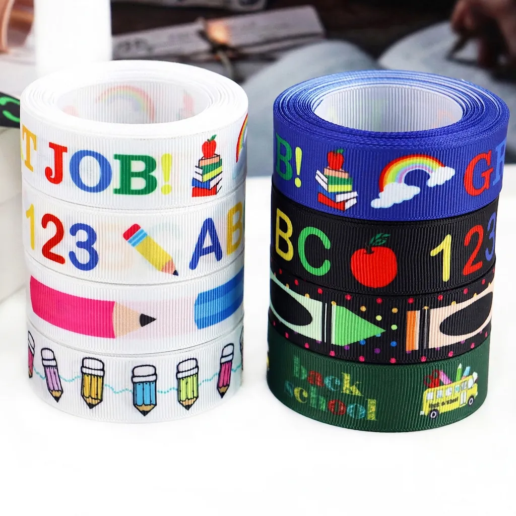 Back To School Printed Grosgrain Ribbon Polyester DIY Hair Bows Gift Wrap School Theme ABC Pencil Pattern Sewing Ribbon