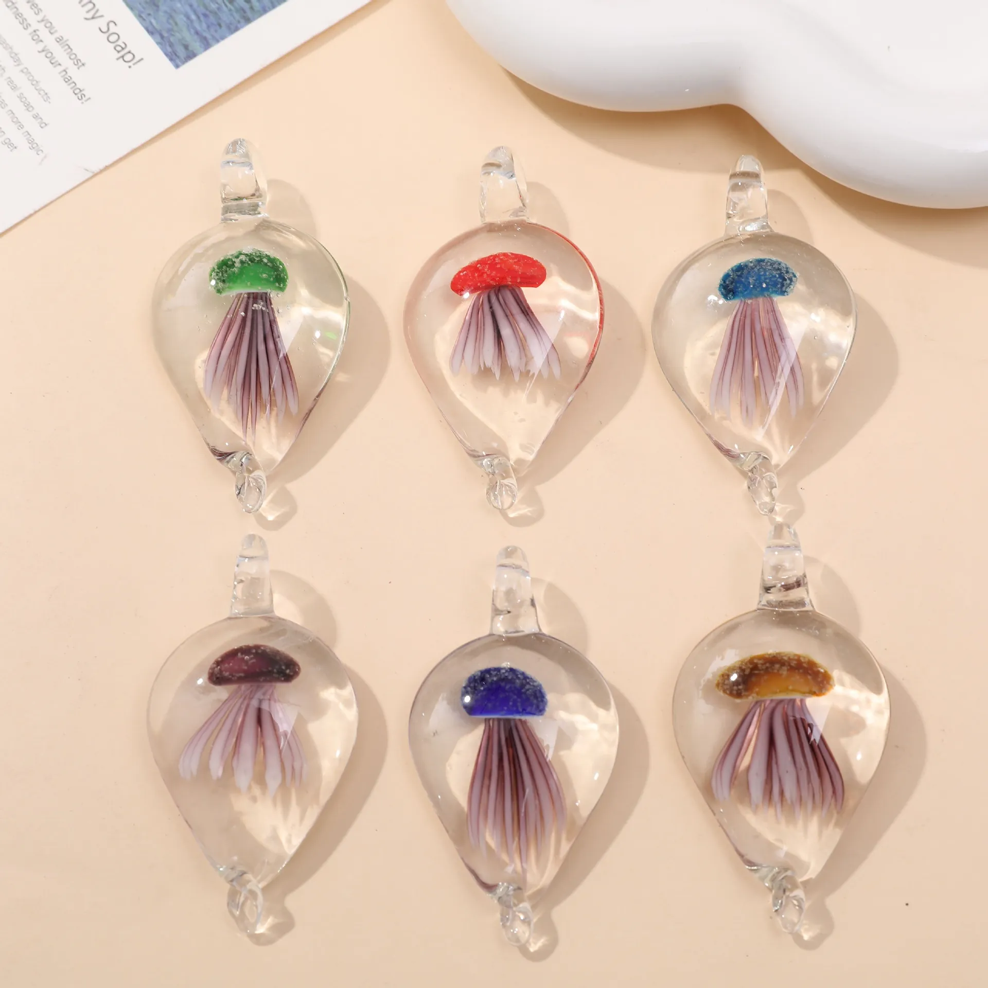 Teardrop Lampwork Glass Pendant Jellyfish Mushroom Miniature Inside Handmade Transparent Charm For DIY Jewelry Making Crafting