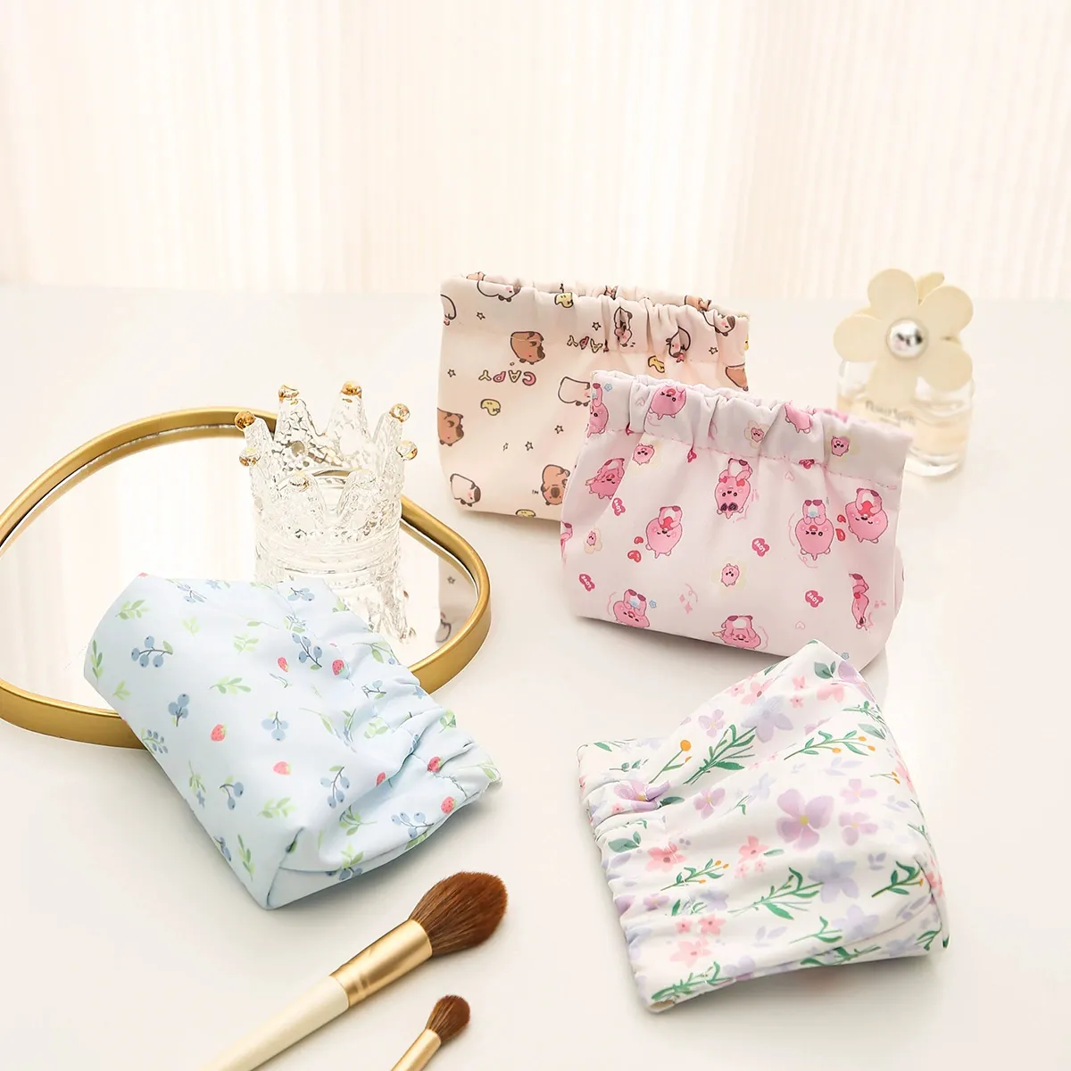 Mini Makeup Bag Portable Cosmetic Pouch Waterproof Polyester Floral Fruit Printed Travel Lipstick Coin Organizer For Women