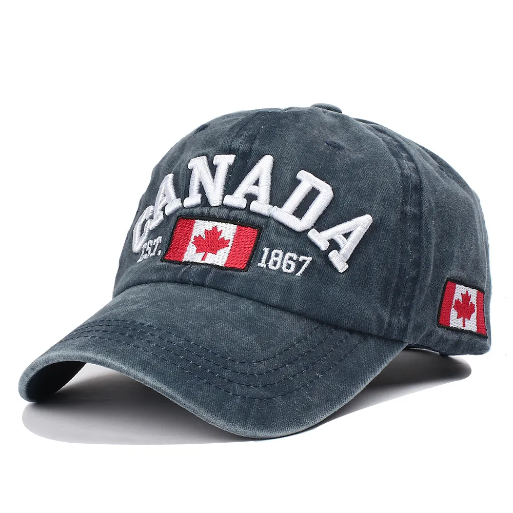 Canada Baseball Cap Washed Cotton Embroidered Distressed Retro Adjustable Outdoor Sun Hat Unisex
