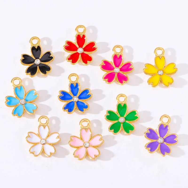 Flower Charms Pendants Alloy Enamel Rhinestone Cherry Blossom Clover For DIY Handmade Jewelry Necklace Earring Making