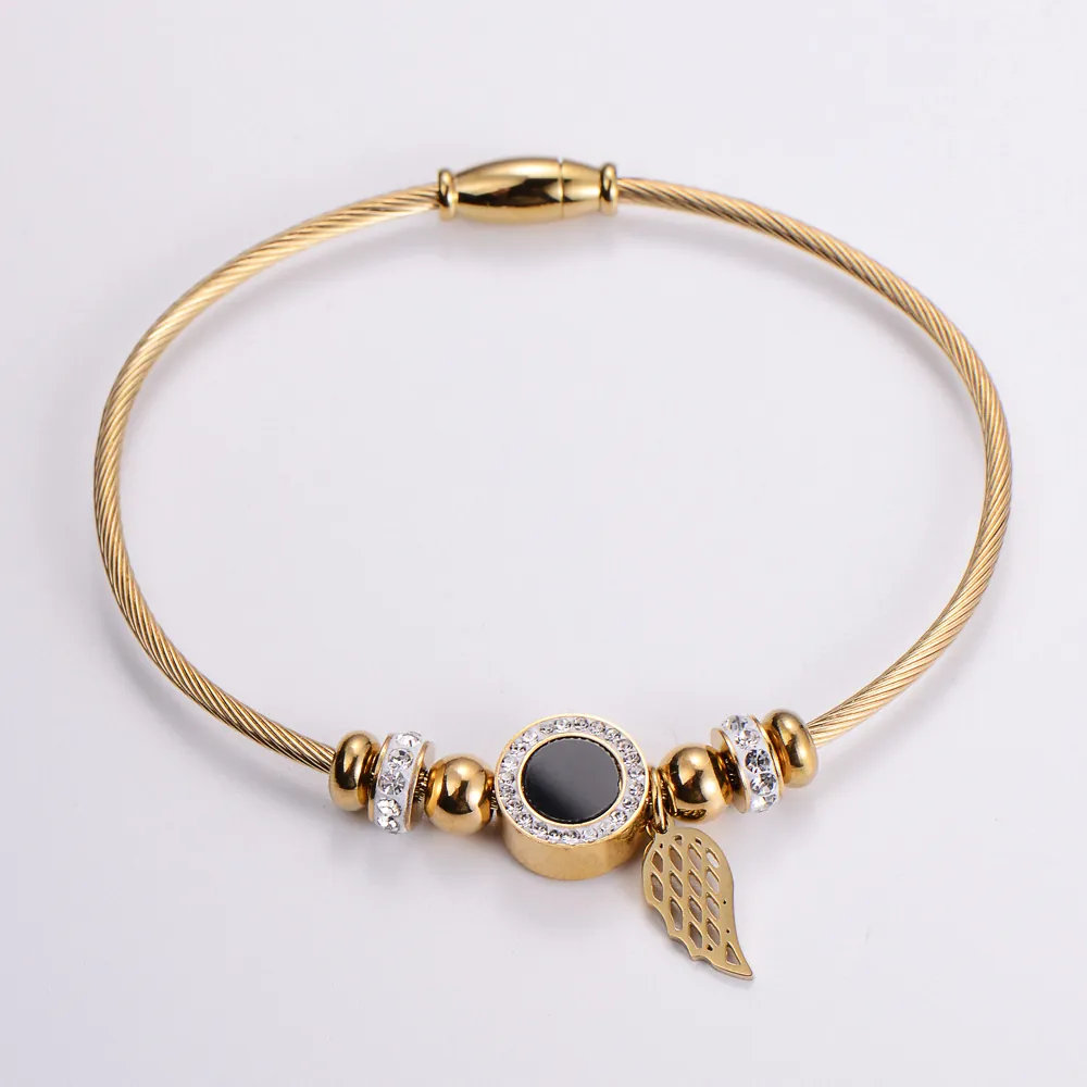 Angel Wing Wire Bangle Stainless Steel Rhinestone 18K Gold Plated Magnetic Clasp Fashion Jewelry Women