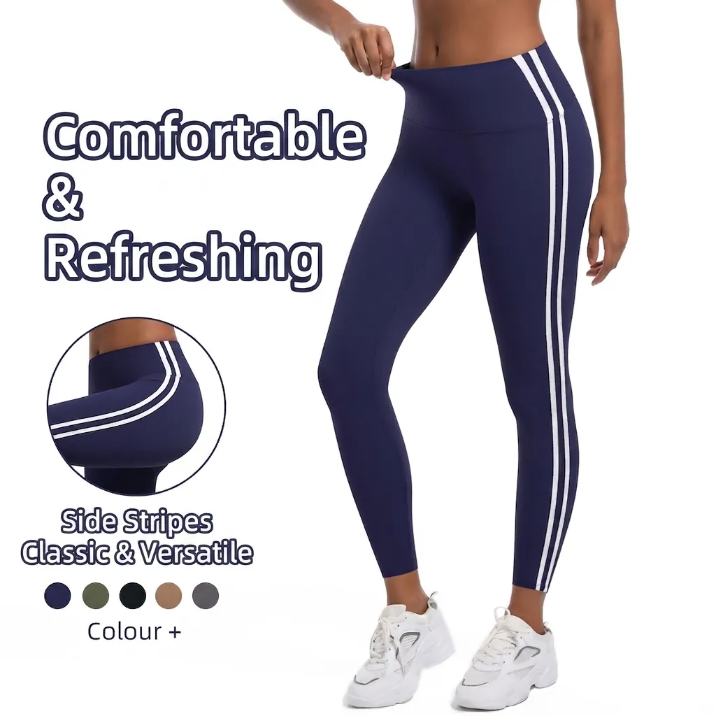 Pantalons de Yoga à Taille Haute pour Femmes Coupe Ajustée Remonte-fesses Leggings à Bandes Latérales Respirants Séchage Rapide Sport