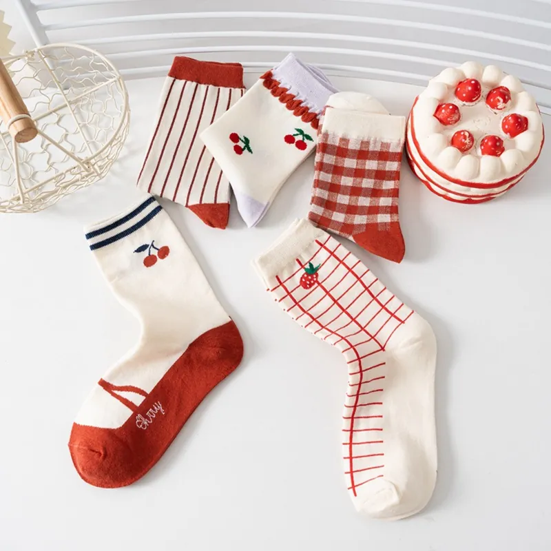 Women Crew Socks Combed Cotton Breathable Sweet Cherry Strawberry Patterns Plaid Stripes Fashion Casual For Girls