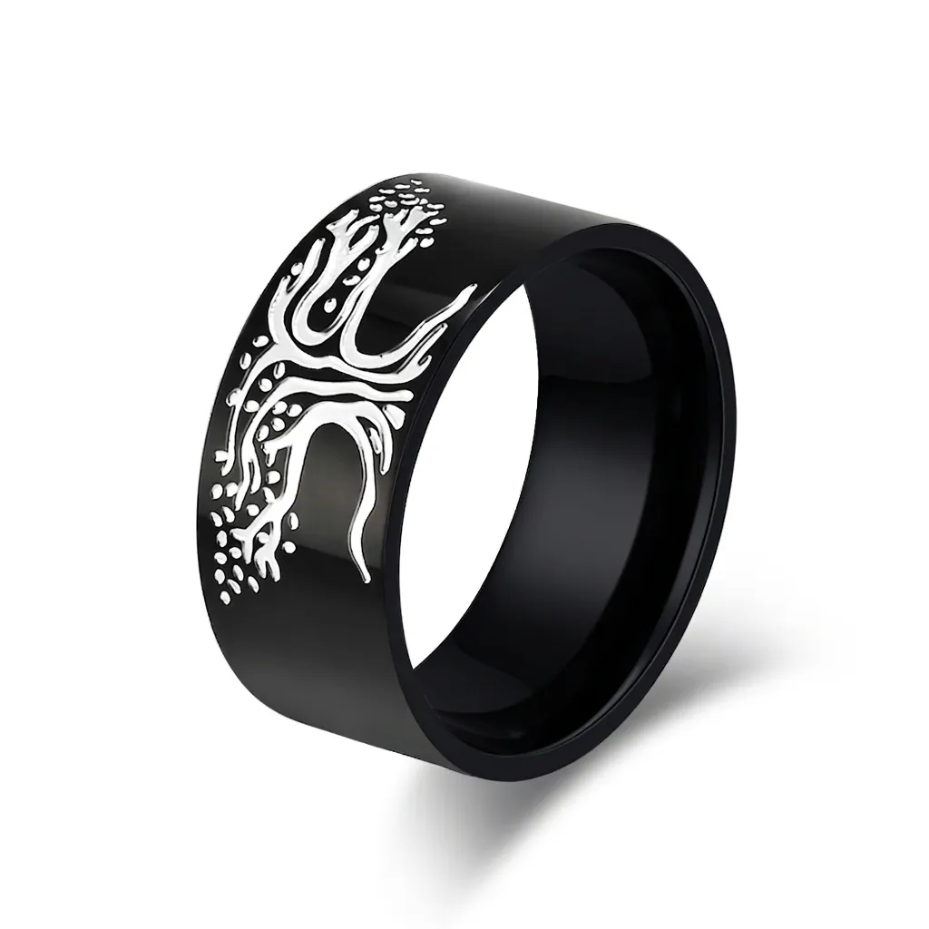 Bague Arbre de Vie Nordique en Acier Inoxydable Homme Style Viking Vintage Large Bande Noir Argent Poli Bijoux de Mode Cadeau