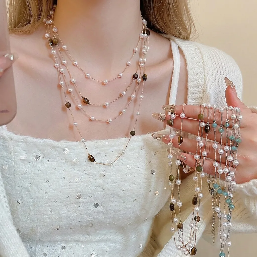 Collana A Più Strati Con Imitazioni Di Künstliche Perle E Pietre Occhio Di Tigre Elegante Catena Lunga Per Maglioni Gioielli Retrò Donna