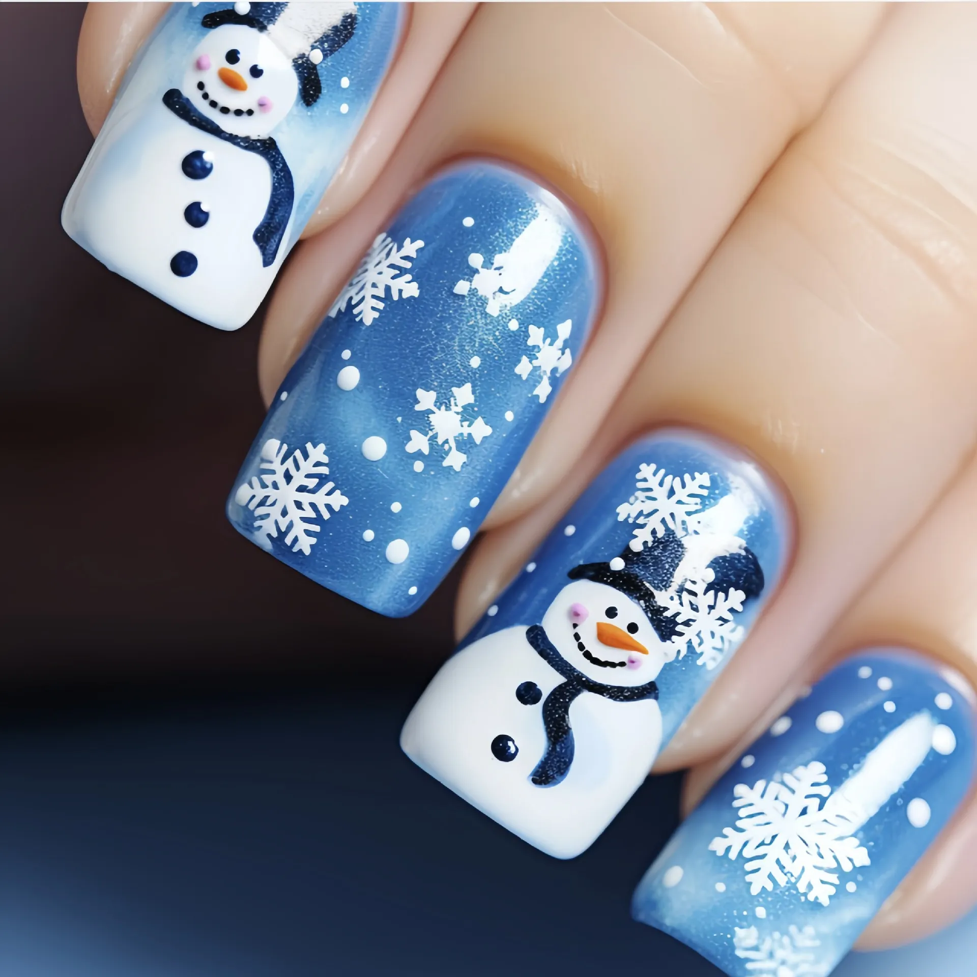 Christmas Press On Nails Blue Gradient Snowman Snowflake Pattern Plastic Square False Nails Women Winter Holiday Party