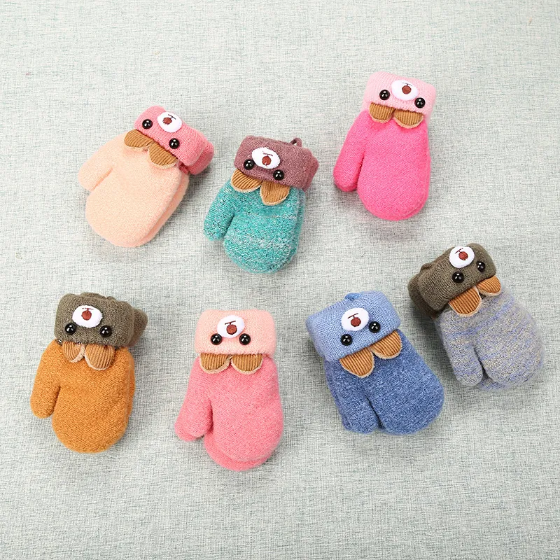 Knit Mittens Cartoon Bear 3D Warm Autumn Winter Thick For Toddler Kids Infants Cold Weather