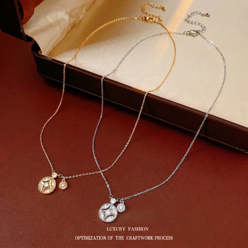 Collier Pendentif Étoile Ronde En Cuivre Avec Zircon Pavé Double Cercle Chaîne De Clavicule Bijoux De Luxe Pour Femmes