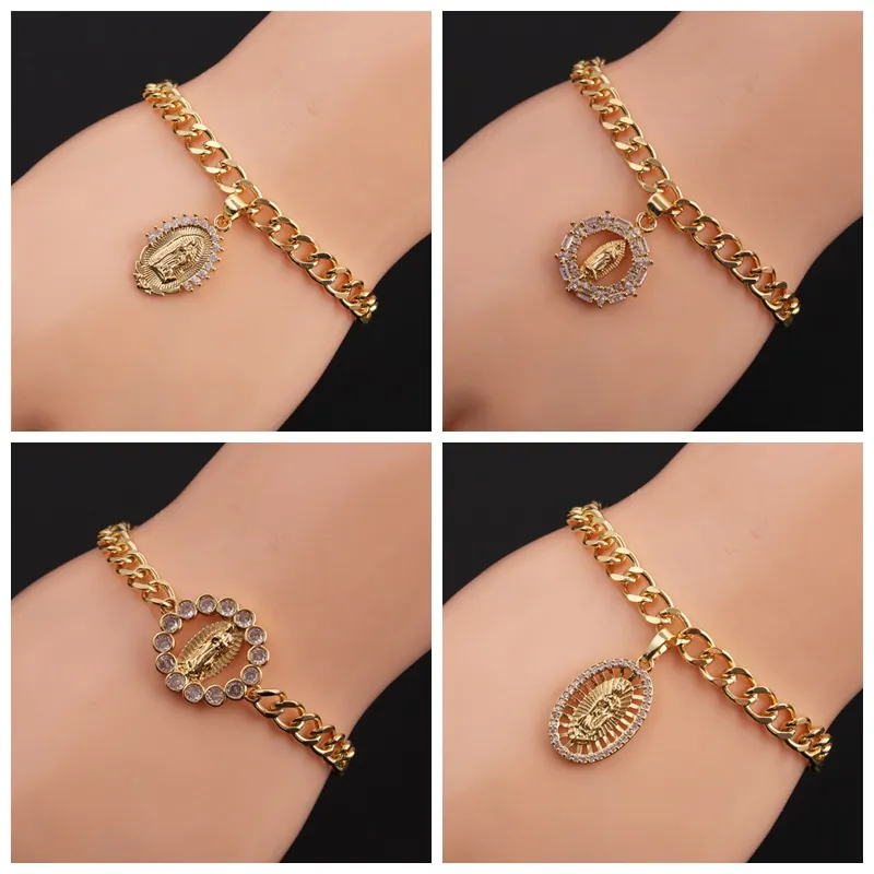 Bracciale Pendente Vergine Maria Rame Placcato Oro Zircone Bianco Catena Maglia Cubana Regolabile Gioielli Religiosi