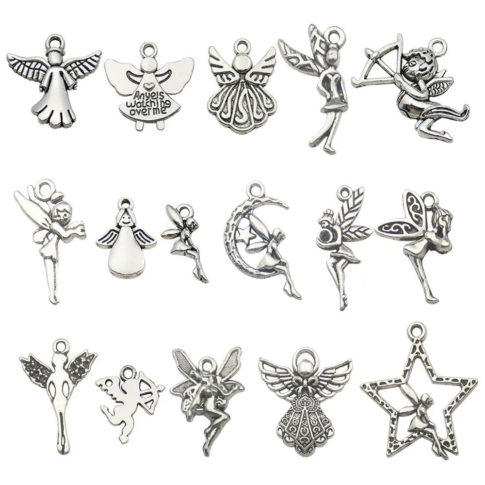 Antique Silver Angel Charms Zinc Alloy Fairy Cupid Wings Pendants For DIY Jewelry Making Vintage Crafts