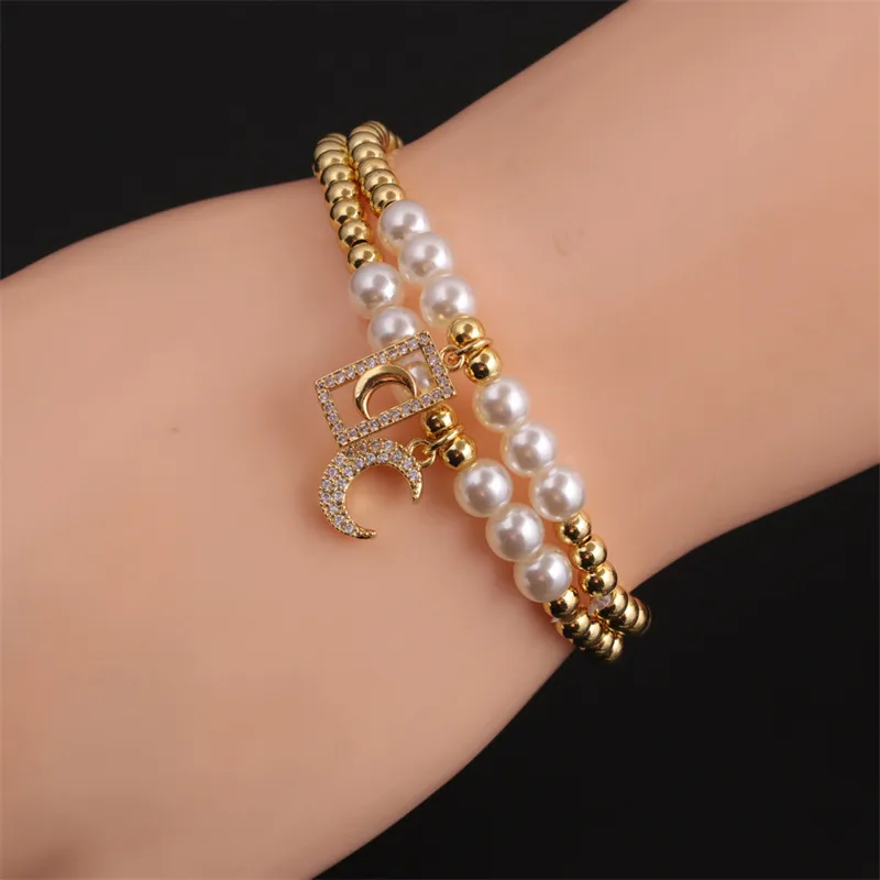 Elegante Bracciale In Perline Di Rame E Künstliche Perle Sintetiche Per Donna Ciondolo Luna In Zircone Gioielli Regolabili Placcati Oro