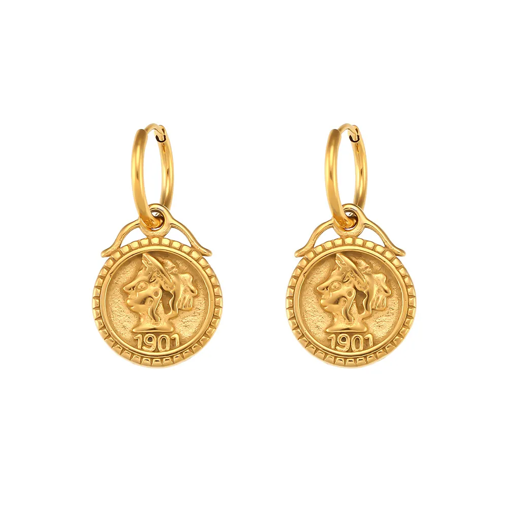 Vintage Stainless Steel Heart Tassel Angel Portrait Earrings Gold Plated Rhinestone Artificial Pearl Drop Hoop Earrings For Women