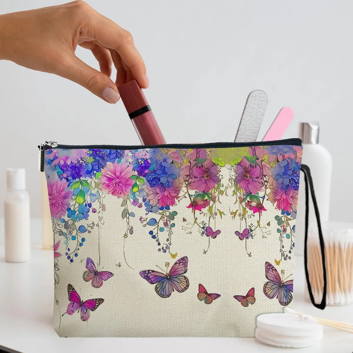 Trousse De Maquillage Imprimé Papillon Fleur Sac Cosmétique En Lin Portable Avec Dragonne Fermeture Éclair Pour Femme