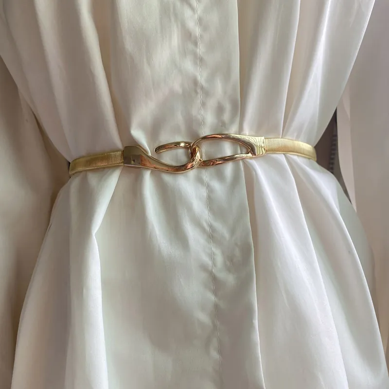 Cintura In Metallo Elastico Donna Catena In Vita Sottile Per Abito Elegante Lega Lucida Molla Elastica Chiusura Gancio