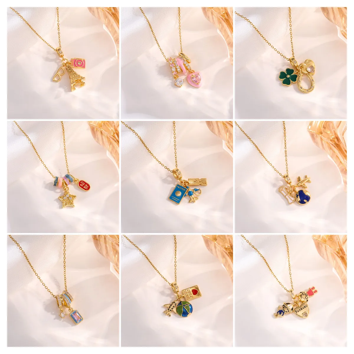 Stainless Steel Multi Pendant Necklace For Women Heart Airplane Camera Eiffel Tower Travel Theme Fashion Jewelry Gift