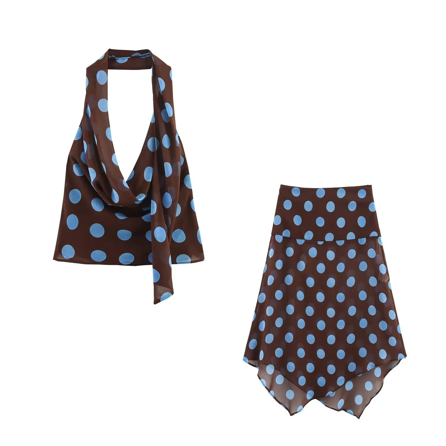 Polka Dot Halter Top And Asymmetric Skirt Set Chiffon Brown Blue Summer Streetwear Women