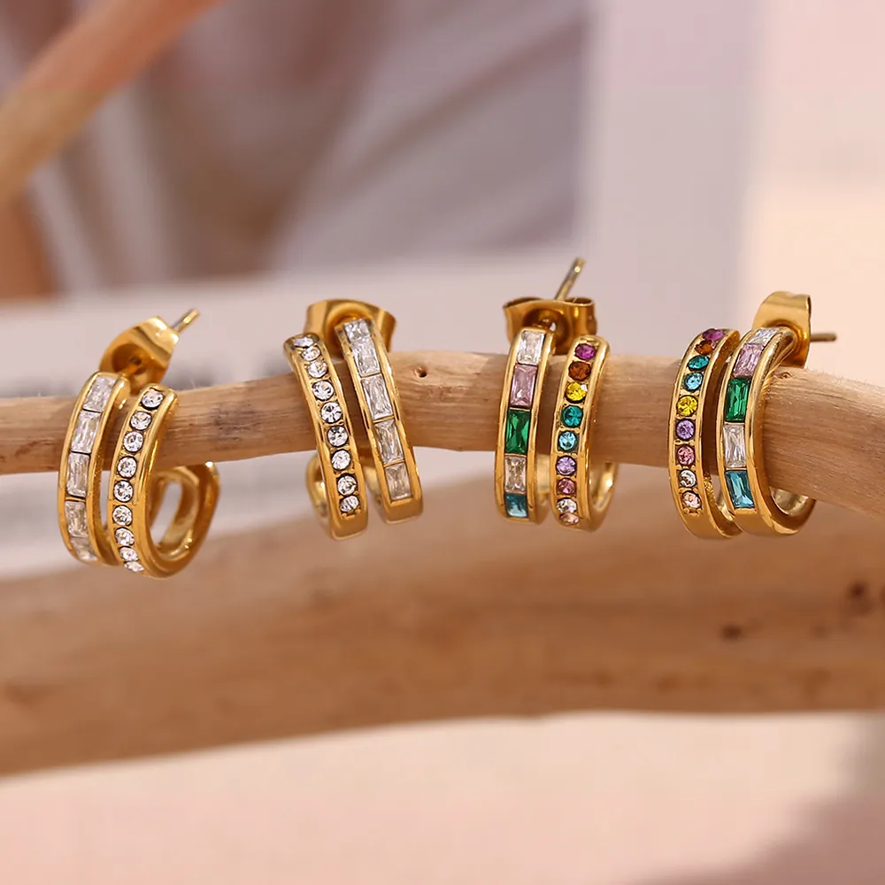 C Hoop Earrings Stainless Steel 18K Gold Plated Double Layer Zircon Inlaid Vintage Retro Chic Jewelry For Women
