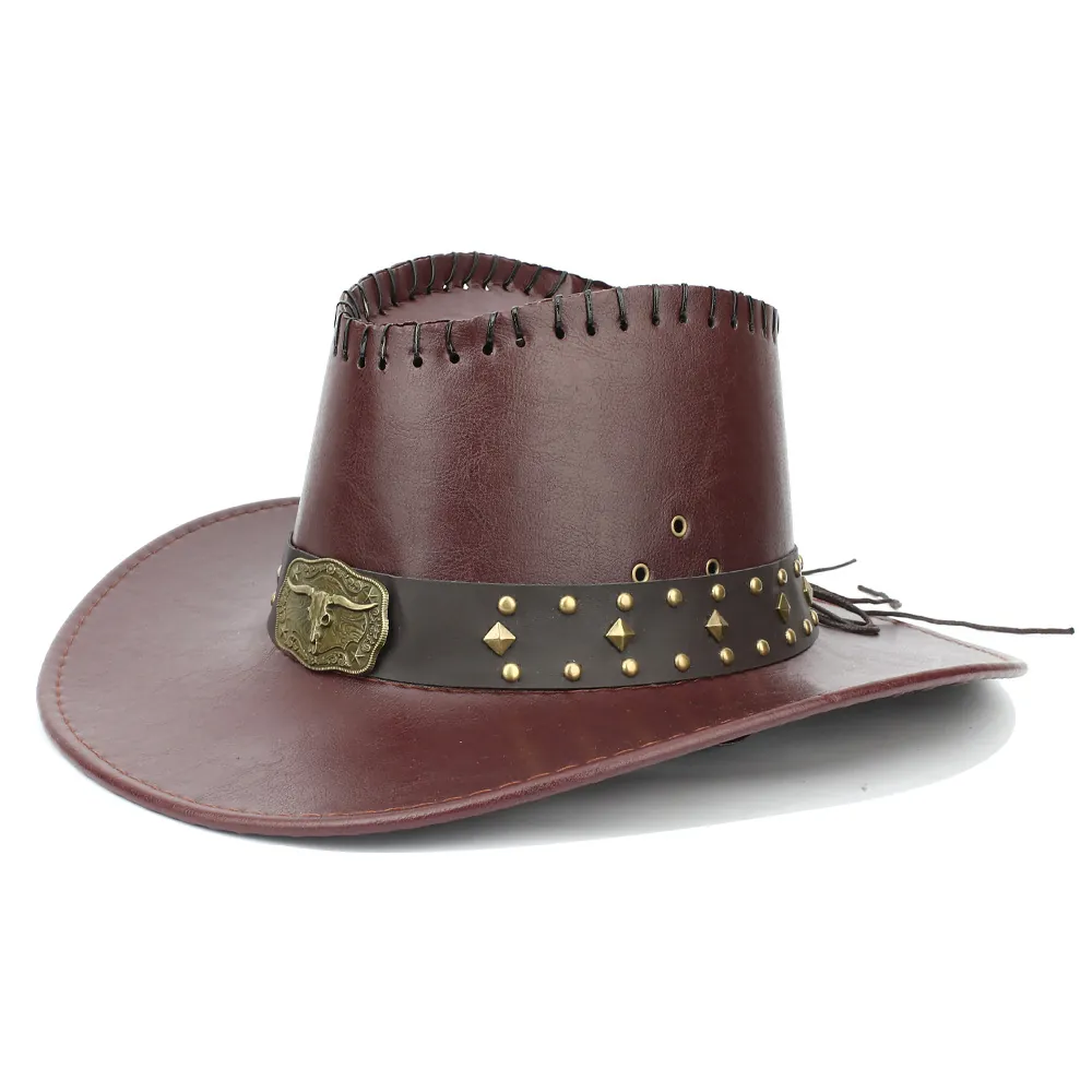 Vintage Kunstleder Western Cowboyhut Mit Stierkopf Metalldekoration Nietengürtel Breite Krempe Sonnenhut Für Outdoor Herren Damen