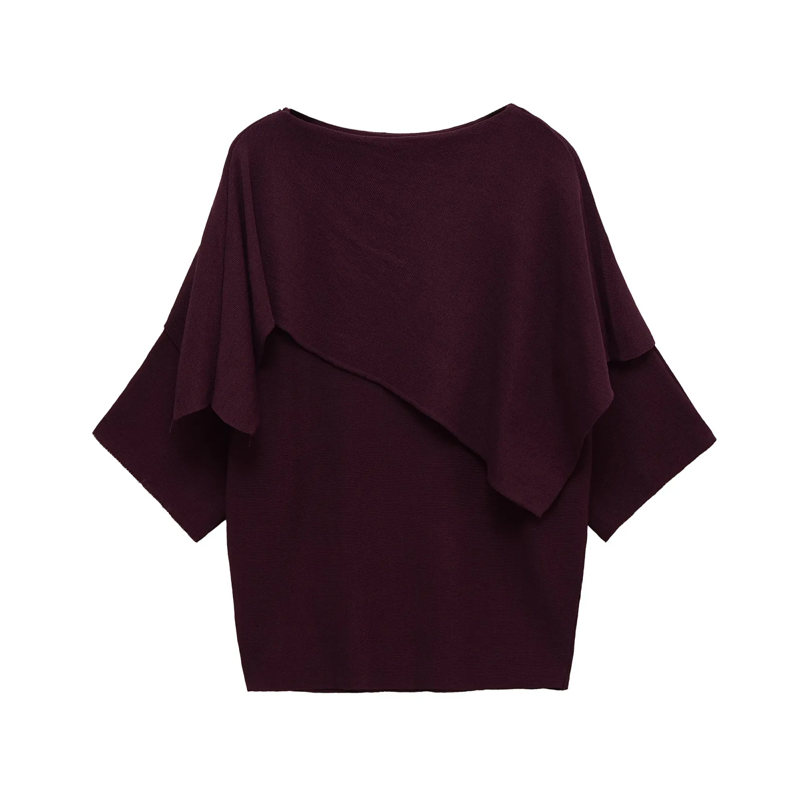Women Casual Asymmetric Cape Knitted Sweater Dark Red Polyester Poncho Style Pullover Streetwear Top