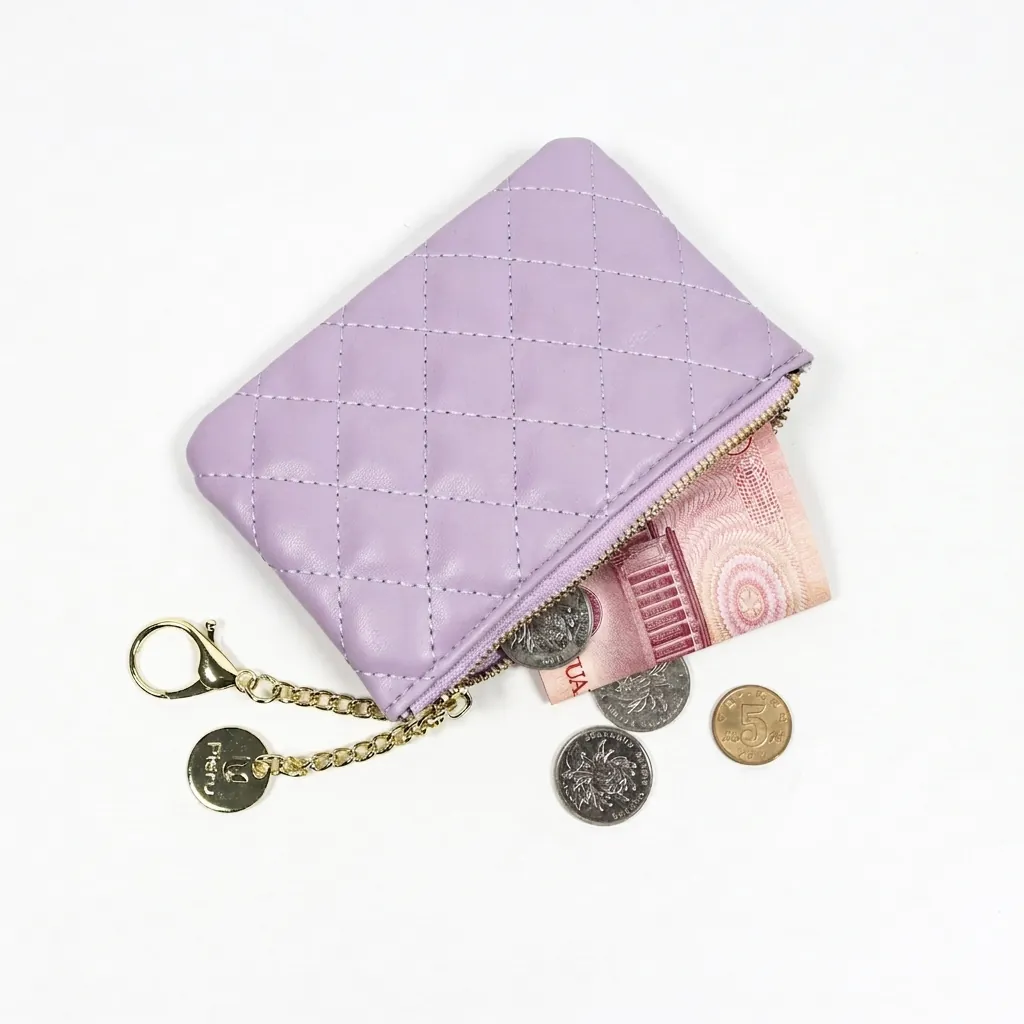 Quilted Diamond Pattern Coin Purse PU Leather Mini Wallet With Golden Keychain Hook Zipper Closure Women Macaron Colors