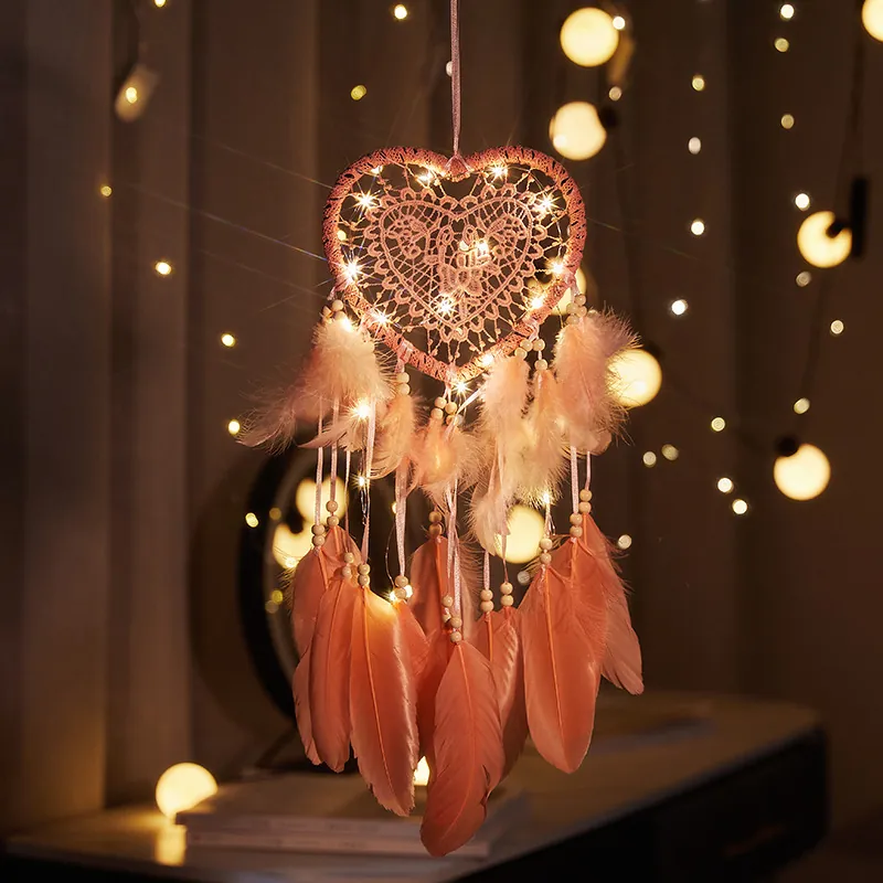 Heart Shaped Dream Catcher With Glowing LED Lighting Feather Wooden Bead Lace Bohemian Wall Hanging Home Room Decor Gift