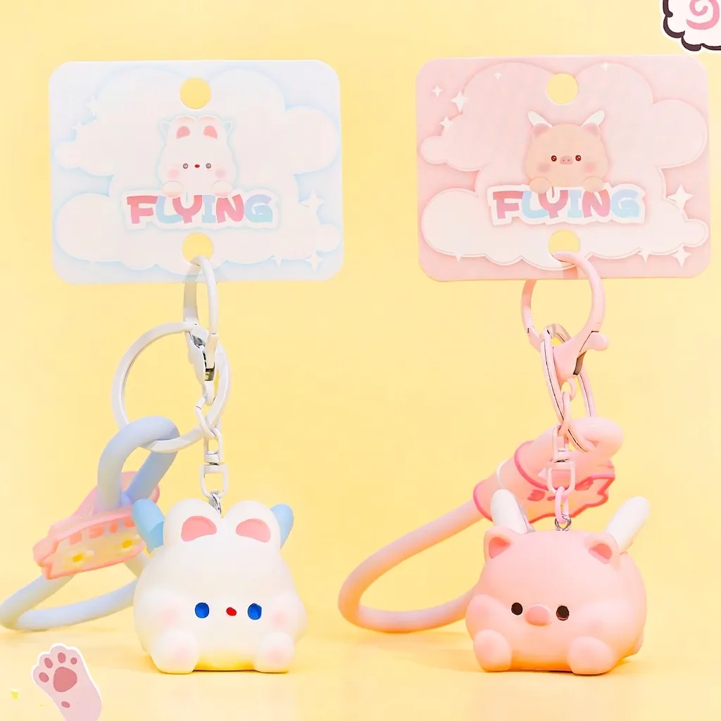 Kawaii Flying Animal Keychain Cute Soft PVC Pig Rabbit Doll Bag Charm With Wrist Strap For Friends Couples