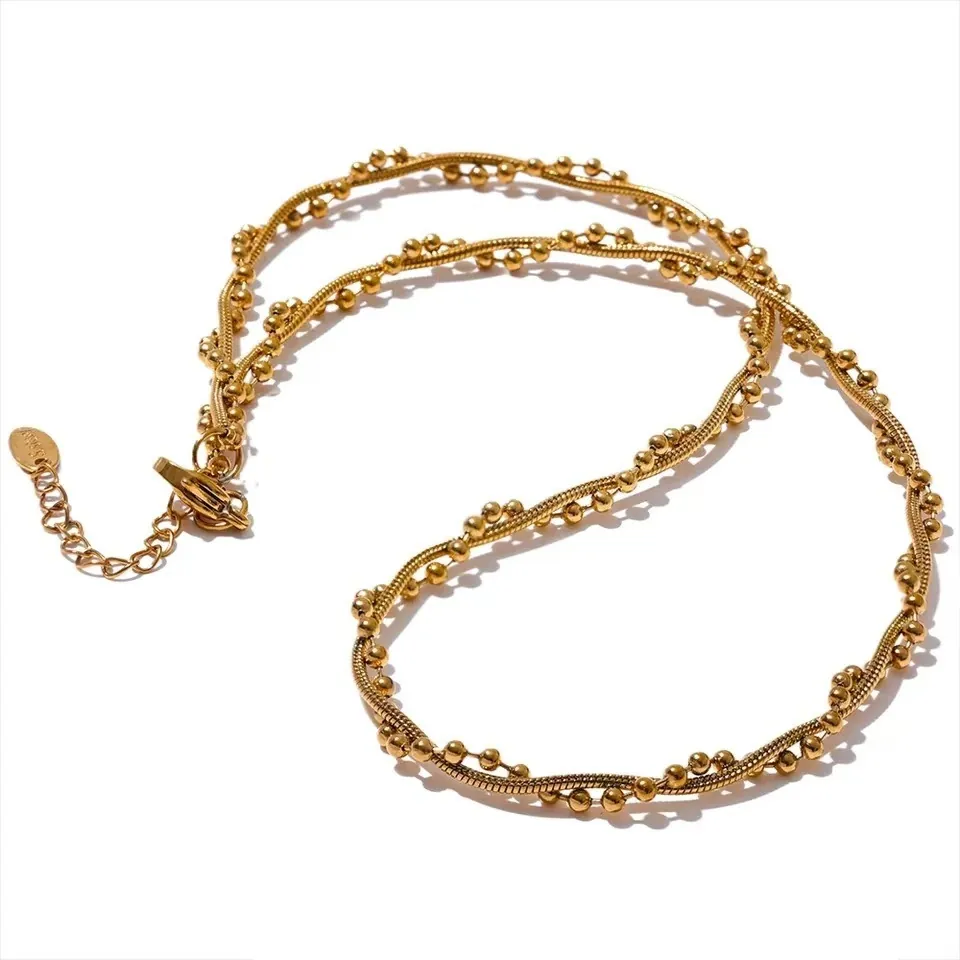 Stainless Steel Twisted Round Snake Chain Necklace For Women Minimalist Gold Plated Bead Wrapped Link Chain Jewelry