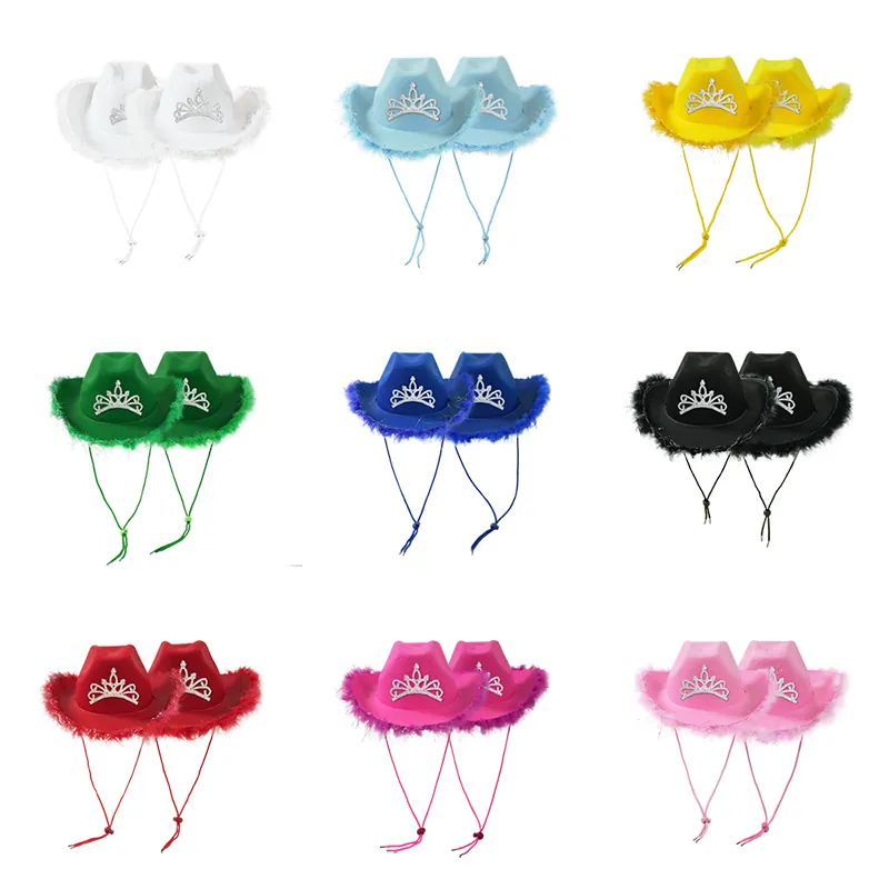 Western Cowboy Hat With Rhinestone Crown And Feather Trim Polyester Felt Party Cosplay Costume Hat Women Men