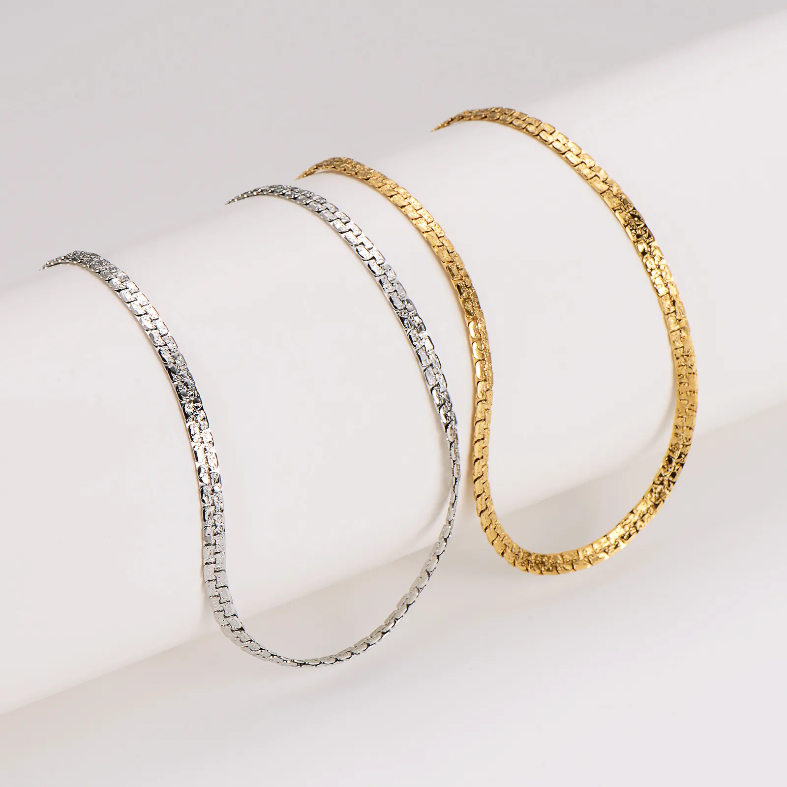 Textured Flat Chain Necklace 304 Stainless Steel Minimalist Hip Hop Street Jewelry For Men Women Lobster Clasp