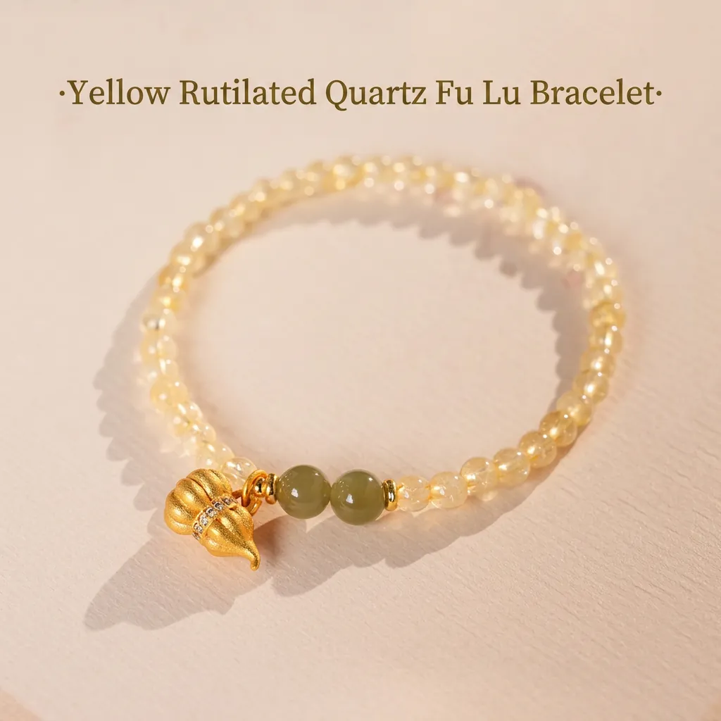 Perlenarmband Aus Gelbem Haarkristall Mit Vergoldetem Flaschenkürbis-Anhänger Und Grüner Jade Zirkon Akzent Elegant Chinesischer Stil Modeschmuck Für Damen
