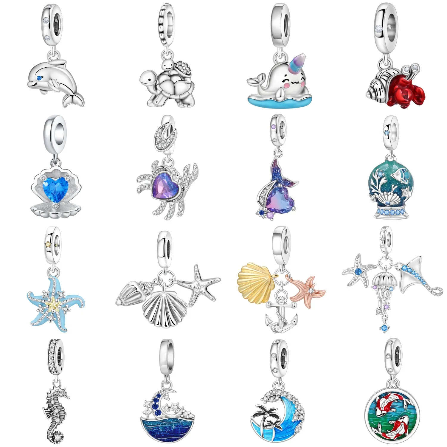 Ocean Theme Charms Pendants Copper Cubic Zirconia Enamel DIY Bracelet Dolphin Sea Turtle Shell Starfish Nautical Jewelry