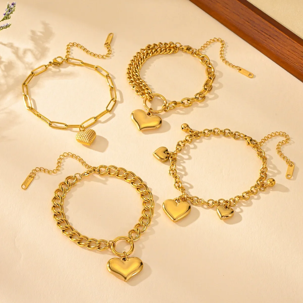 Heart Pendant Bracelet Stainless Steel Gold Plated Simple Elegant Adjustable Link Chain Jewelry For Women