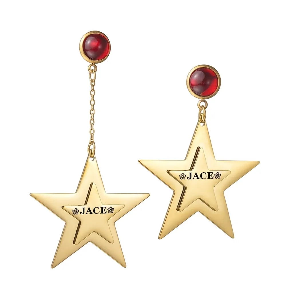 Asymmetric Stainless Steel Star Drop Earrings With Red Rhinestone For Women Gold Plated Geometric Dangle Earrings Jewelry