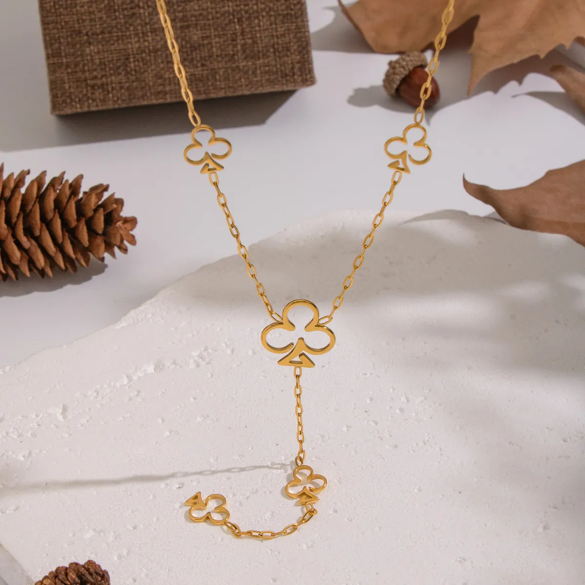Collana Con Pendente Fiori Di Poker Placcato Oro Acciaio Inossidabile Forma A Y Catena Lunga Maglione Gioielli Donna